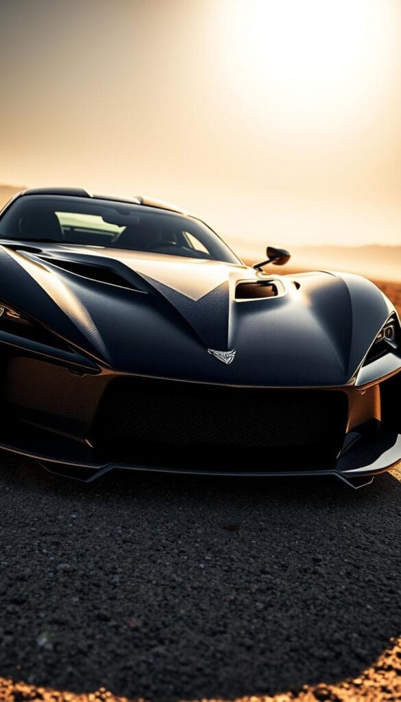 A sleek, aerodynamic Hennessey Venom F5 hypercar dominates the frame, its sculpted carbon fiber body reflecting the harsh light of a sun-drenched, desolate landscape. The car's aggressive front grille and sharp, angular lines suggest immense power and performance. The camera captures the vehicle from a low, dramatic angle, emphasizing its imposing presence and hinting at the 2,031 horsepower lurking beneath the hood. Shadows and highlights accentuate the hypercar's muscular curves, conveying a sense of raw, unbridled energy. The background fades into a hazy, desaturated environment, keeping the focus squarely on the captivating Venom F5 - a true apex predator of the automotive world.