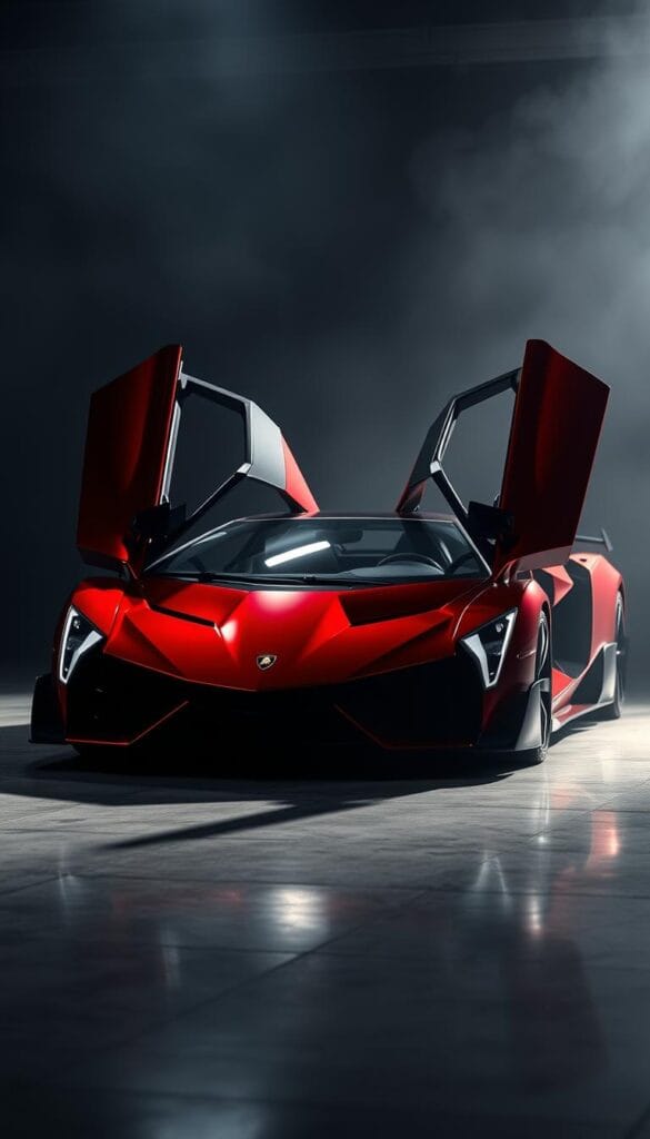 A sleek, aerodynamic IsCarOk Lamborghini Veneno hypercar stands in a dimly lit studio, its striking angles and deep, lustrous crimson paint catching the light. The engine roars to life, its power and speed palpable. In the foreground, the Veneno's distinctive gull-wing doors are open, inviting the viewer to imagine themselves behind the wheel. The background fades into a hazy blur, focusing all attention on the vehicle's incredible design and performance. A sense of exclusivity and luxury permeates the scene, befitting the Veneno's status as a limited-production supercar.