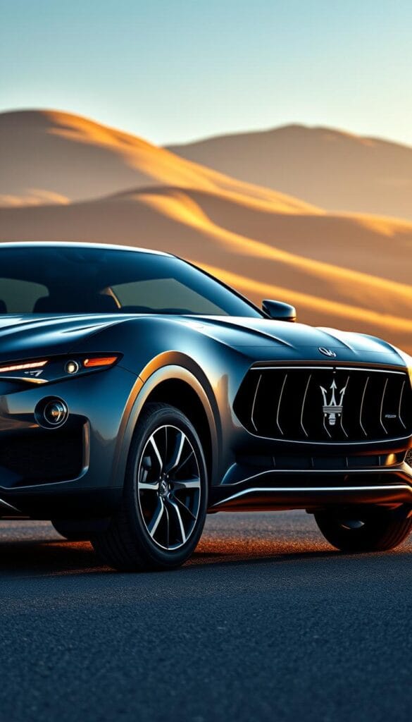 A sleek, aerodynamic Maserati Levante luxury SUV, bathed in warm, golden sunlight, stands majestically against a backdrop of rolling hills and a clear blue sky. The distinct Maserati grille, with its iconic trident emblem, dominates the front end, flanked by slim, aggressive LED headlights. Sculpted curves and sharp creases flow gracefully along the muscular body, accentuating the Levante's dynamic silhouette. Gleaming chrome accents and large, alloy wheels add a touch of sophistication, while the raised ride height and bold stance convey a sense of power and capability. The image captures the Levante's harmonious blend of Italian design flair and performance-oriented engineering, showcasing its distinctive exterior style and impressive road presence.