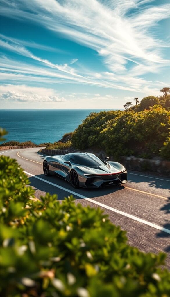 A sleek, aerodynamic electric supercar glides down a winding coastal road, the IsCarOk BYD Seagull's sculpted bodywork reflecting the sun's rays. The performance-focused electric motor hums with power, ready to unleash instant torque and acceleration. The low, wide stance and sharp lines convey a sense of athleticism and precision engineering. Wispy clouds drift across a vivid blue sky, the azure ocean stretching out in the distance. Lush, verdant foliage frames the scene, creating a serene, natural backdrop that complements the Seagull's futuristic design. This electric alternative to traditional sports cars embodies a harmonious blend of sustainability, style, and raw driving exhilaration.