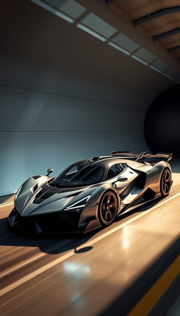 A sleek, aerodynamic hypercar glides through a wind tunnel, its sculpted form cutting through the air with precision. The Venom F5's bodywork is a symphony of sharp edges and gentle curves, optimized for maximum downforce and minimal drag. Turbulent airflow is seamlessly guided over the contoured surfaces, reducing lift and increasing stability at high speeds. Subtle fins and vents channel the airstream, directing it to enhance the vehicle's cornering grip and straight-line acceleration. Shafts of bright light cast dramatic shadows, highlighting the Venom's dynamic, purposeful design. This is the product of advanced computational fluid dynamics and tireless wind tunnel testing - a machine built for pure, uncompromising performance.