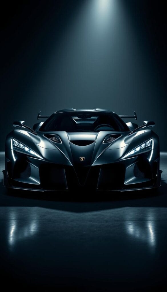 A sleek, aerodynamic hypercar stands in a dramatic studio setting, its sculpted lines and fierce presence commanding attention. Dazzling chrome accents glisten under intense, dramatic lighting, casting deep shadows that highlight the Venom F5's muscular, predatory stance. The car appears poised and ready to unleash its incredible 1,817 horsepower, with a focus on raw, exhilarating performance. The background is blurred, drawing the viewer's eye straight to the vehicle, emphasizing its speed, power, and technological prowess. This image captures the essence of the Hennessey Venom F5's pursuit of record-breaking velocity and uncompromising performance capabilities.