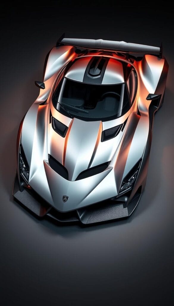 A sleek, aerodynamic supercar in a pristine silver finish, the Hennessey Venom F5 Revolution commands attention. Its angular, sculpted body is optimized for high-speed performance, with sweeping lines and sharp edges that slice through the air effortlessly. The front fascia features an aggressive, tapered nose and razor-sharp LED headlights, while the rear showcases an active rear wing and a bold, muscular stance. Intricate carbon fiber details and precision-engineered components hint at the sheer power and engineering prowess beneath the surface. Bathed in warm, directional lighting that accentuates the curves and contours, this automotive masterpiece exudes a sense of raw, unadulterated speed and sophistication.