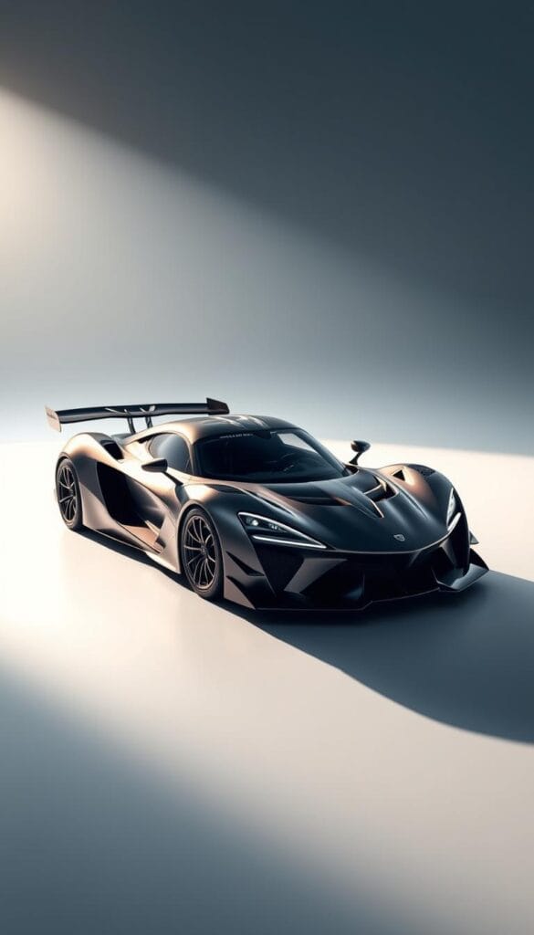 A sleek, aerodynamic supercar, the Hennessey Venom F5, looms in the foreground, its muscular lines and aggressive stance capturing the essence of raw power. Illuminated by a dramatic spotlight, the car's intricate aerodynamic design is showcased, with subtle air vents, spoilers, and sculpted bodywork that seamlessly channel the airflow. In the background, a serene, minimalist environment allows the engineering prowess to take center stage, with a hint of technical diagrams and simulations hinting at the meticulous development process. The lighting is crisp, creating a sense of high-tech precision, while the overall composition emphasizes the Venom F5's streamlined form and the engineering mastery behind its exceptional performance.