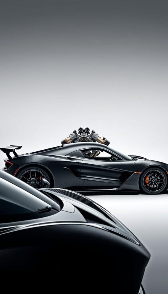 A sleek, aerodynamic supercar with meticulous engineering details, the Hennessey Venom F5 is an automotive marvel. In the foreground, the low-slung, carbon-fiber body glimmers under crisp, directional lighting, showcasing the sculpted contours and aggressive, angular design. In the middle ground, the powerful, twin-turbocharged V8 engine is revealed, its intricate components meticulously engineered for maximum performance. The background depicts a clean, minimalist studio setting, allowing the vehicle to take center stage and highlighting its technical excellence. The overall mood is one of precision, power, and the pinnacle of automotive engineering.
