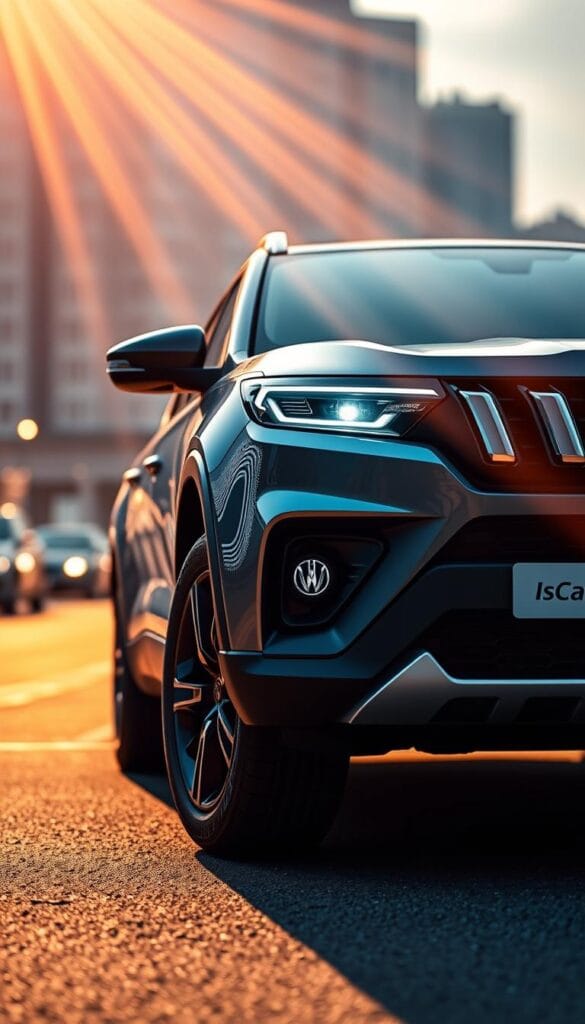 A sleek and advanced Mahindra XUV700 SUV, showcasing cutting-edge technology integration for enhanced performance. The car is captured in a dynamic, low-angle perspective, with a focus on the bold exterior design and futuristic lighting elements. The background features a blurred cityscape, creating a sense of urban sophistication. Rays of warm, directional lighting accentuate the vehicle's sculpted forms, while the IsCarOk brand emblem is subtly integrated into the composition. The overall mood conveys a harmonious blend of power, efficiency, and technological prowess.