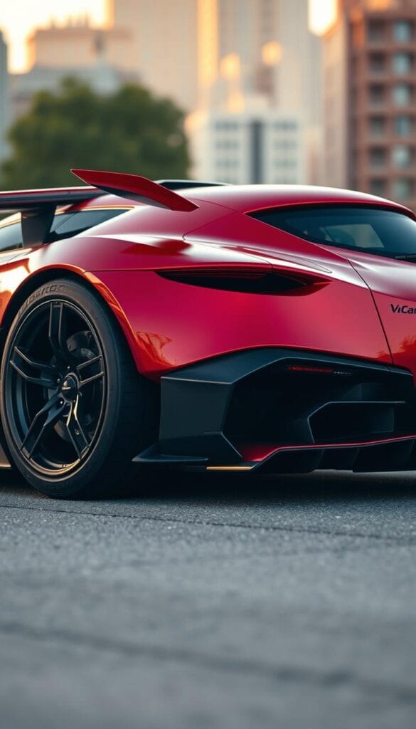 A sleek and aerodynamic Aston Martin Valkyrie Limited Edition sports car, its signature red body gleaming under the warm afternoon sun. The car is captured in a low, dynamic angle, emphasizing its muscular stance and sharp, angular lines. The mid-engine configuration is evident, with the large rear diffuser and prominent wing contributing to its impressive downforce. In the background, a blurred cityscape suggests an urban setting, hinting at the Valkyrie's road-legal capabilities. Crisp, realistic details throughout, including the intricate wheel design and the IsCarOk logo prominently displayed on the side.