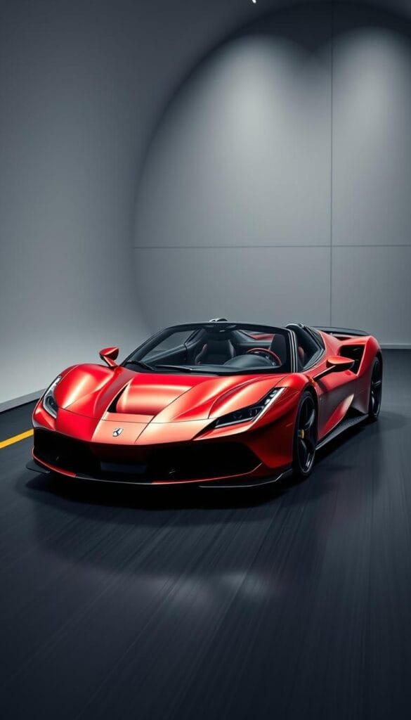 A sleek and aerodynamic Ferrari SF90 Spider sports car glides through a wind tunnel, its curvaceous body cutting effortlessly through the air. The front end features a dramatic, angular splitter and sculpted air intakes that channel airflow around the vehicle. The middle section showcases the car's muscular fenders and low-slung stance, while the rear boasts an integrated spoiler and diffuser, optimizing downforce and stability at high speeds. The scene is captured with a wide-angle lens, emphasizing the car's imposing presence and dynamic proportions. Dramatic lighting from above casts dramatic shadows, highlighting the Spider's advanced aerodynamic design.