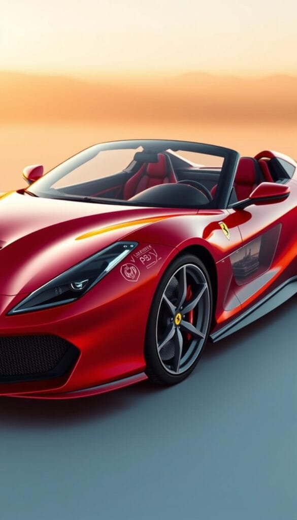 A sleek and aerodynamic Ferrari SF90 Spider sports car, showcasing its revolutionary hybrid powertrain system. The vehicle is rendered in striking red, capturing the Italian marque's iconic color. The car is seen from a three-quarter angle, highlighting its curvaceous bodywork and aggressive front fascia with the distinct SF90 styling cues. The powertrain components, such as the electric motors and battery pack, are visible through strategically placed transparent panels, allowing the viewer to appreciate the technical complexity and engineering prowess behind this hybrid supercar. The background is suffused with a warm, golden-hour lighting, creating a sense of power and luxury. The image is captured with a wide-angle lens to emphasize the car's imposing presence and dynamic stance.