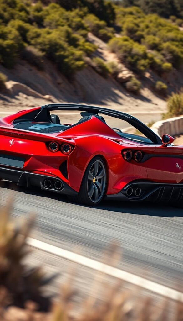 A sleek and aerodynamic Ferrari SF90 Spider with its convertible top down, dramatically showcasing its advanced design features. The car is captured in a low-angle view, accentuating its muscular presence and emphasizing the intricate airflow-optimizing elements along the body - active aerodynamic spoilers, vents, and sculpted carbon fiber surfaces. Vibrant sunlight highlights the vehicle's contours, reflecting off the deep red paint and chrome accents. The background is a deserted coastal road, framed by lush vegetation to create a sense of speed and motion. Realistic depth of field and subtle camera blur simulate a professional automotive photography setup, inviting the viewer to admire the impressive aerodynamic engineering of this high-performance Italian sports car.