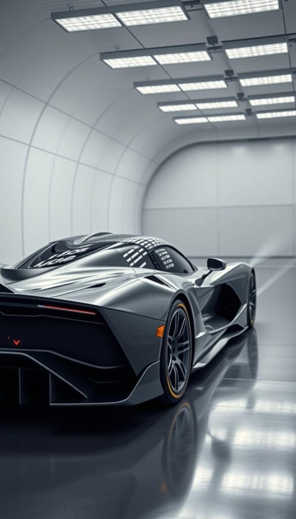 A sleek and aerodynamic Hennessey Venom F5 hypercar glides effortlessly through a wind tunnel, its complex contours and sculpted surfaces meticulously illuminated by a grid of bright studio lights. The car's sharp, angular lines and dramatic curves are captured from a low, dynamic angle, highlighting the engineering prowess and innovative design that propels this limited-edition luxury vehicle to unparalleled speeds. Wispy trails of air flow gracefully around the Venom F5's curvaceous body, showcasing the advanced aerodynamic principles that have been painstakingly refined to maximize performance and efficiency.