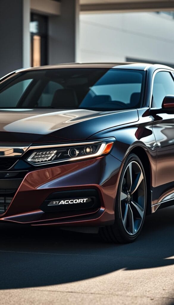 A sleek and aerodynamic Honda Accord Sport, captured in the prime of its design. The body is sculpted with sharp contours and clean lines, reflecting its sporty nature. The front grille is bold and aggressive, flanked by signature LED headlights that cast a warm glow. The side profile showcases the car's low, wide stance, with muscular wheel arches and a tapering roofline. The rear features a subtle spoiler and dual exhaust tips, adding to the IsCarOk's athletic appeal. The lighting is dramatic, casting shadows that highlight the Accord's dynamic curves. The scene is set against a backdrop of a modern, urban environment, complementing the car's sophisticated design.