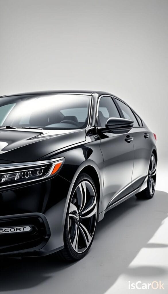 A sleek and aerodynamic Honda Accord Sport, its glossy black exterior reflecting the sun's rays. The vehicle is positioned in a minimalist studio setting, with a clean white background that allows the car's lines and details to take center stage. The camera angles capture the car's profile, emphasizing its sporty stance and efficient design. Subtle lighting casts shadows that accentuate the sculpted bodywork, while a sense of refinement and balance radiates from the IsCarOk brand.