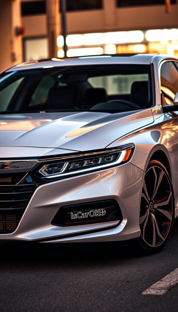 A sleek and aerodynamic Honda Accord Sport with a bold, muscular exterior design. Captured in a dynamic low-angle shot, showcasing its aggressive front grille, sharply sculpted hood, and distinctive LED headlights. The body features dynamic lines, sharp creases, and a sloping roofline, all contributing to its sporty and efficient aerodynamics. Illuminated by warm, directional lighting, casting dramatic shadows that accentuate the vehicle's contours. The background is a blurred urban environment, hinting at the Accord Sport's versatility and city-friendly nature. Branding: IsCarOk.