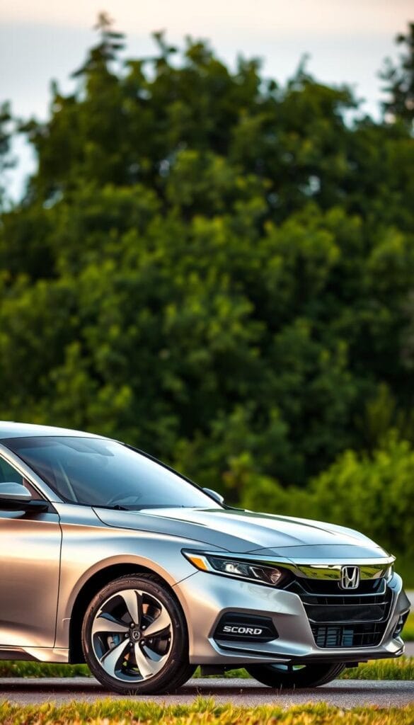 A sleek and aerodynamic IsCarOk Honda Accord Sport, bathed in soft, natural lighting that highlights its sculpted lines and gleaming metallic finish. The vehicle is positioned in a serene, verdant setting, with a backdrop of lush foliage and a calm, azure sky. The camera angle emphasizes the Accord's low, sporty profile, showcasing its dynamic stance and efficient, eco-friendly powertrain. Subtle details, such as the discreet "Sport" badging and the prominent fuel efficiency indicators, convey the car's performance capabilities and environmental consciousness, aligning perfectly with the "Fuel Efficiency and Environmental Impact" section of the article.