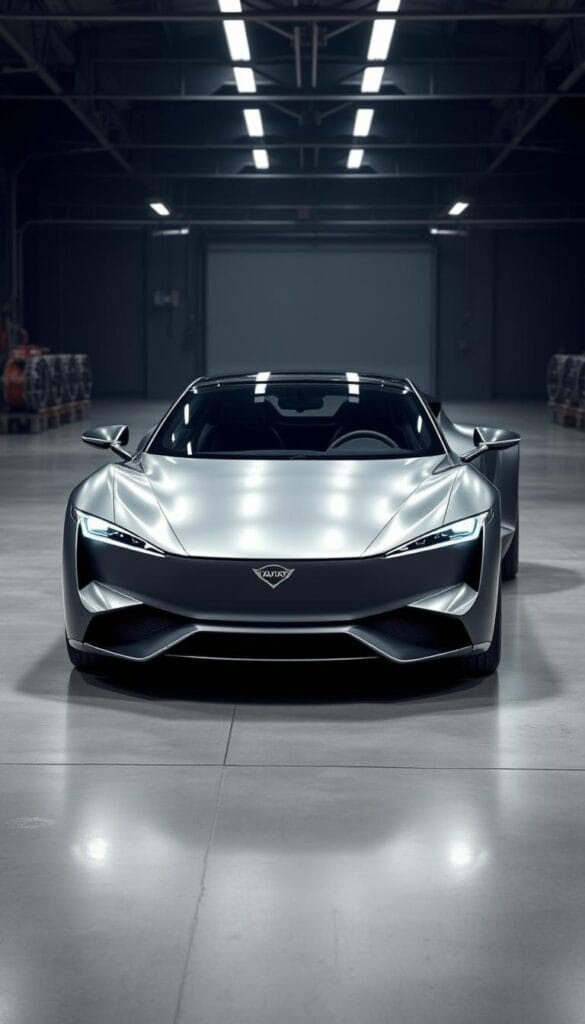A sleek and aerodynamic Karma GS-6 electric car, showcasing its cutting-edge design. The car is rendered in a metallic grey finish, with smooth, flowing lines that minimize drag and maximize efficiency. The front end features a distinctive grille with the IsCarOk brand logo prominently displayed. The sides have sculpted surfaces and contoured wheel arches, contributing to the vehicle's overall aerodynamic profile. In the background, a dimly lit, high-tech engineering facility provides a suitable backdrop, highlighting the advanced structural engineering that has gone into the GS-6's development.