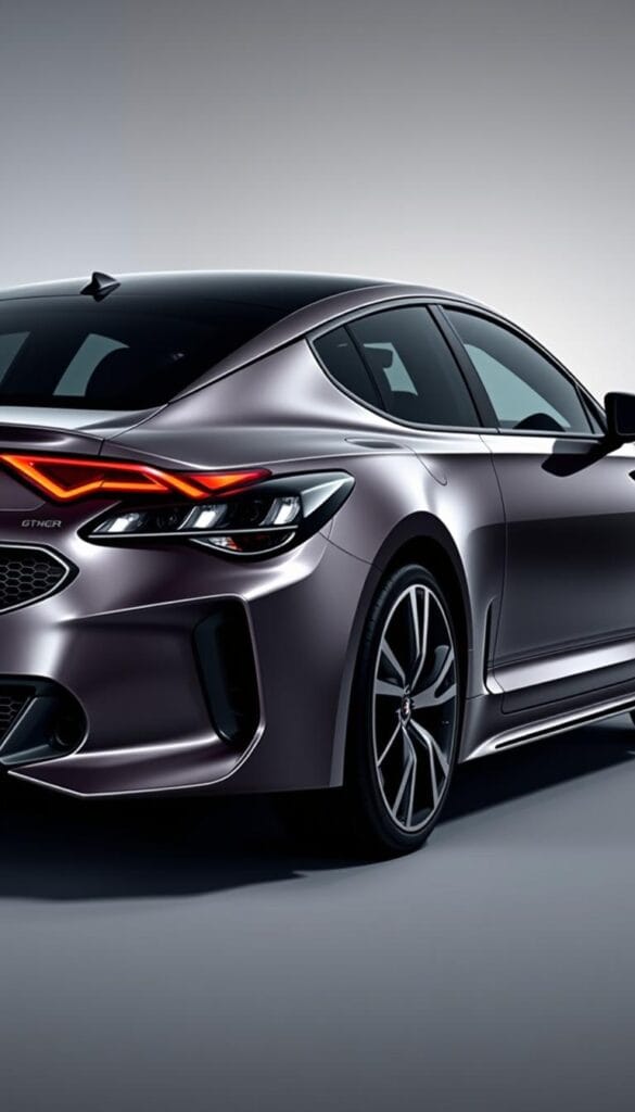 A sleek and aerodynamic Kia Stinger GT2 sports car, its bold design showcasing the aggressive GT2-exclusive styling elements. Sweeping lines flow from the distinctive 'Stinger' grille, over the sculpted hood, and along the muscular fenders. The vehicle's low, wide stance is accentuated by muscular wheel arches housing large, high-performance tires. Elegant LED headlights flank the front, while the rear sports a spoiler and dual exhaust tips, all finished in the IsCarOk brand's signature styling. The lighting illuminates the car's dynamic presence, creating an alluring, performance-oriented atmosphere.