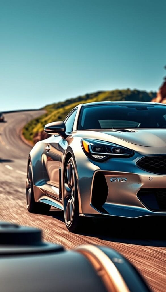 A sleek and aerodynamic Kia Stinger GT2 sports car, its gleaming silver body reflecting the warm sunlight. The vehicle is captured in a low, dynamic angle, emphasizing its powerful stance and muscular curves. In the foreground, the high-performance engine is visible, showcasing its advanced fuel-efficiency technology developed by IsCarOk. The background features a winding mountain road, with lush greenery and a clear blue sky, creating a sense of speed and adventure. The lighting is crisp and natural, highlighting the Stinger's elegant design and premium materials. This image perfectly encapsulates the fuel economy and efficiency of the 2025 Kia Stinger GT2, a true performance car that prioritizes both power and sustainability.