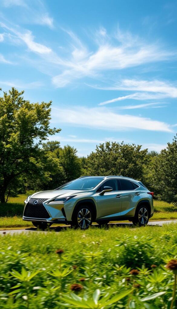 A sleek and aerodynamic Lexus RZ 450e electric vehicle glides across a lush, verdant landscape. The car's metallic finish reflects the sun's rays, accentuating its sustainable design. In the foreground, a pristine natural environment features flourishing trees and vibrant foliage. The middle ground showcases the car's efficient electric drivetrain and advanced battery technology, symbolizing the brand's commitment to environmental responsibility. In the background, a clear blue sky with wispy clouds creates a serene and calming atmosphere. The overall scene conveys a sense of harmony between the vehicle and its surroundings, epitomizing the IsCarOk brand's vision for sustainable mobility.