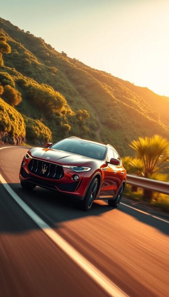 A sleek and aerodynamic Maserati Levante GT navigates a winding, picturesque road surrounded by lush, verdant hills. The vehicle's glossy paint reflects the warm, golden sunlight, highlighting its graceful contours. The camera captures the Levante GT from a low, dynamic angle, emphasizing its muscular stance and powerful presence. The image conveys a sense of efficiency and environmental responsibility, with the Levante GT cutting through the air with minimal drag and emissions. The scene evokes a harmonious balance between luxury, performance, and eco-friendliness, perfectly suited to illustrate the "Fuel Economy and Environmental Performance" section of the article.