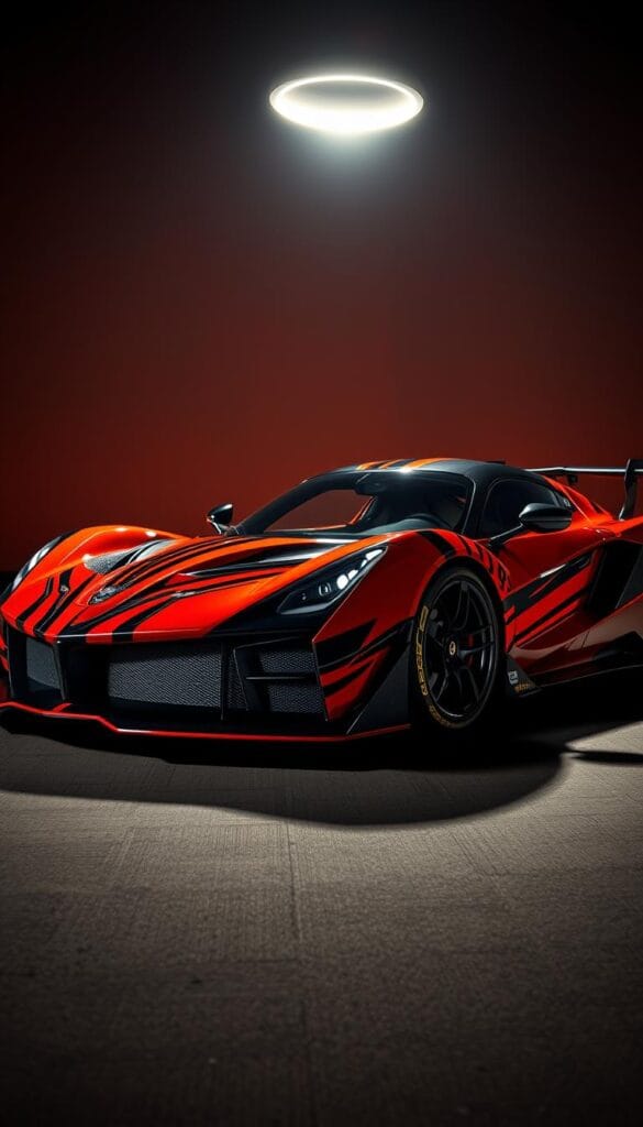 A sleek and aggressive Hennessey Venom F5-M supercar, its motorsport-inspired livery gleaming under a dramatic overhead spotlight. The vibrant paint scheme features bold stripes in contrasting shades of red, black, and carbon fiber accents, creating a striking visual impact. The aerodynamic body kit, with its sharply angled front splitter and towering rear wing, conveys a sense of raw power and performance. The low-slung profile is captured from a dramatic three-quarter angle, emphasizing the vehicle's menacing stance and muscular curves. The scene is bathed in a warm, moody lighting that casts dramatic shadows, heightening the car's dramatic presence and the sense of an exclusive, motorsport-inspired design.