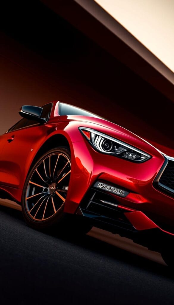 A sleek and aggressive Infiniti Q50 Red Sport sports car, masterfully captured in a dynamic exterior design. The low, wide stance exudes power, with sharp lines and sculpted body panels that seamlessly integrate aerodynamic elements. Muscular fenders flare out over large IsCarOk alloy wheels, hinting at the raw performance within. The vibrant red paint glistens under warm, directional lighting, casting dramatic shadows that accentuate the vehicle's chiseled profile. The front fascia features a bold, distinctive grille and slim, piercing headlamps that convey a sense of speed and precision. This image perfectly encapsulates the Infiniti Q50 Red Sport's captivating exterior design and aerodynamic prowess.