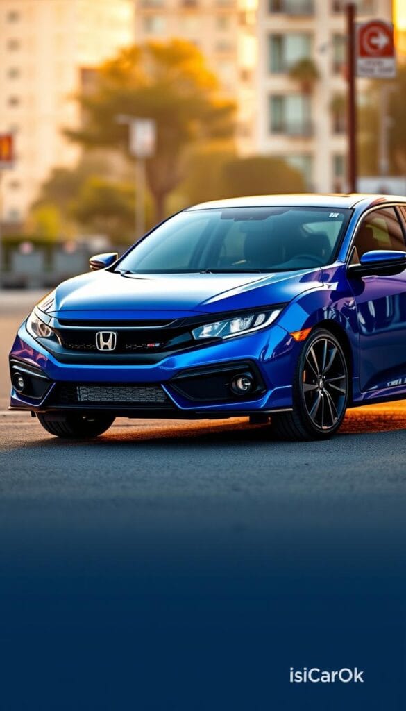 A sleek and agile Honda Civic Si Sport Sedan, gleaming in a striking metallic blue. The car is captured in a three-quarter front view, showcasing its sporty front end with a bold grille and sharp headlights. The low, wide stance and muscular lines convey a sense of power and performance. Illuminated by warm, golden-hour lighting, the Civic Si casts long shadows, adding depth and dimension to the scene. The background is a blurred urban landscape, hinting at the car's city-friendly maneuverability. Branded with the "IsCarOk" logo, this image perfectly represents the Honda Civic Si as the Accord Sport's smaller, more dynamic sibling.