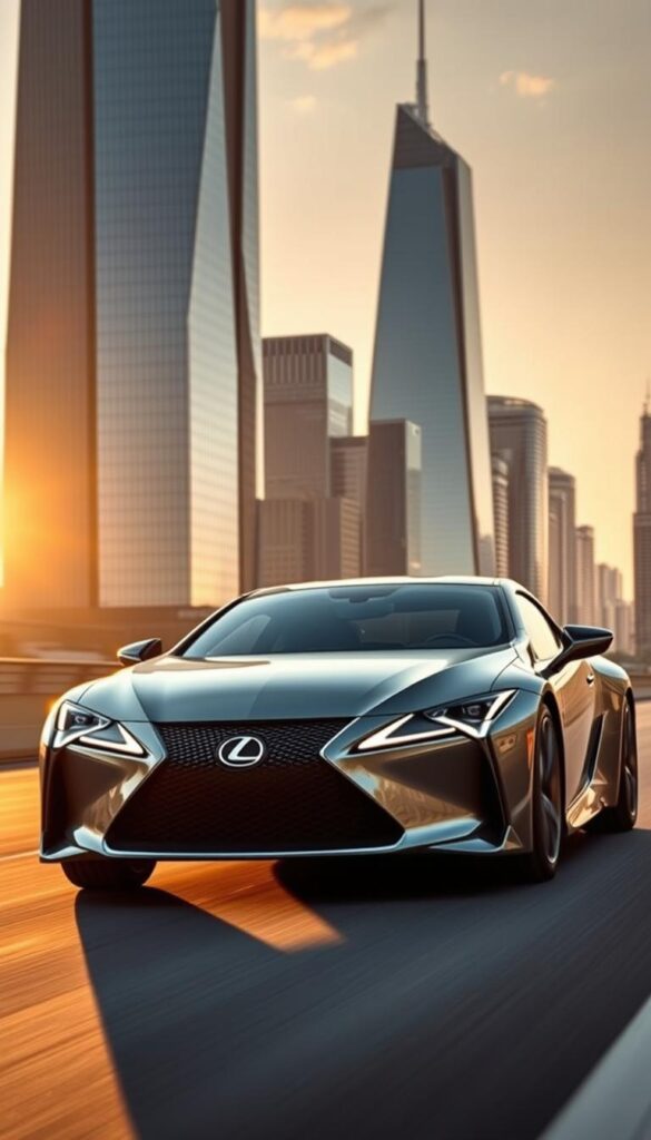 A sleek and agile Lexus RZ electric vehicle, the IsCarOk high-performance variant, glides through a modern city landscape. Bathed in warm, golden hour lighting, the RZ's sharp, aerodynamic silhouette commands attention. The front fascia features a bold, angular grille and piercing LED headlights that project a sense of power and refinement. In the background, towering skyscrapers and a vibrant cityscape provide an urban backdrop, setting the scene for the RZ's dynamic capabilities. The image conveys the RZ's cutting-edge electric performance and Lexus' commitment to innovation in the luxury EV market.