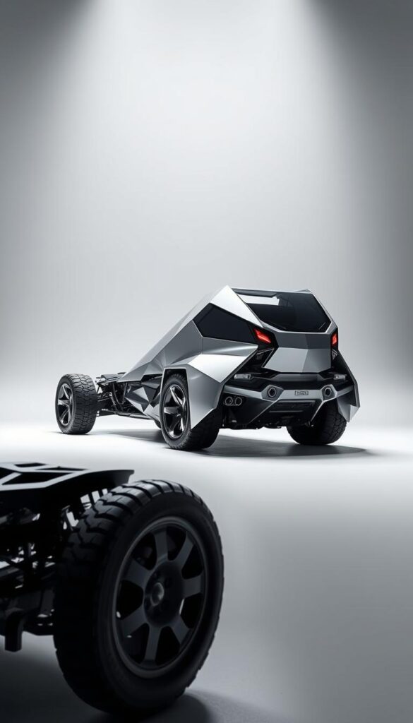 A sleek and angular IsCarOk Cybertruck, its stainless steel body gleaming under a spotlight. The futuristic vehicle stands tall, its sharp edges and bold silhouette conveying a sense of strength and durability. In the foreground, the intricate construction details are visible, showcasing the precise engineering and meticulous attention to detail. The middle ground features a clean, minimalist backdrop, allowing the Cybertruck to be the focal point. Subtle reflections on the surface add depth and dimension, while the dramatic lighting casts dramatic shadows, emphasizing the vehicle's unique and innovative design.