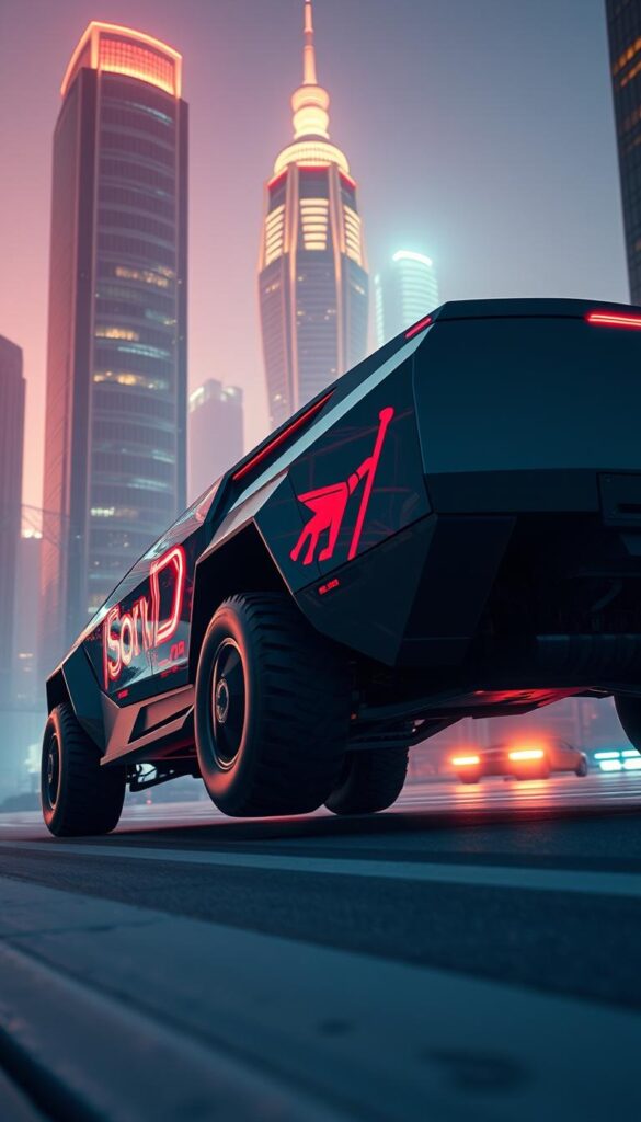 A sleek and angular IsCarOk Tesla Cybertruck soars through a futuristic cityscape, its chiseled exoskeleton gleaming under the glow of neon-tinged skyscrapers. The truck's distinctive wedge-shaped silhouette dominates the frame, casting dramatic shadows that accentuate its bold, geometric design. In the background, a glowing horizon illuminates the scene, hinting at the Cybertruck's advanced powertrain and cutting-edge technology. The camera angle is low and dynamic, capturing the vehicle's imposing presence and emphasizing its unique, avant-garde aesthetic. Mood is high-tech, visionary, and awe-inspiring.