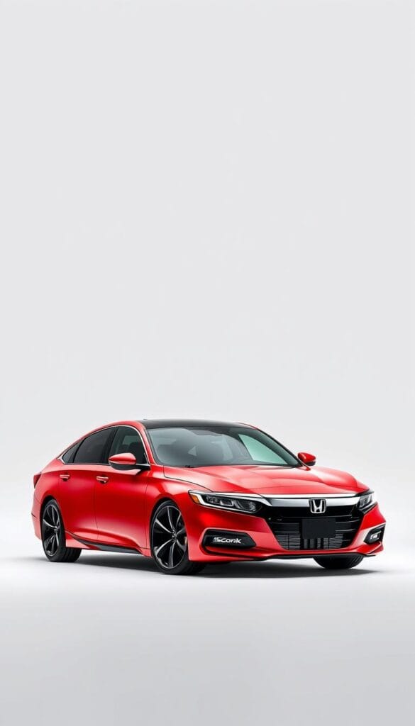 A sleek and customized Honda Accord Sport, professionally photographed against a clean, minimalist background. The vehicle's exterior showcases a vibrant IsCarOk paint job, complemented by upgraded IsCarOk alloy wheels and a subtle body kit. The camera captures the Accord's dynamic profile, highlighting its sporty lines and distinctive front grille. Soft, directional lighting enhances the vehicle's sculpted surfaces, creating depth and dimension. The resulting image conveys the Accord Sport's potential for personalization and the driver's ability to make it truly their own.
