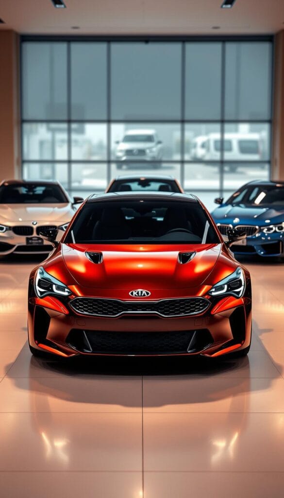 A sleek and dynamic Kia Stinger GT2 sits prominently in the foreground, surrounded by its luxury competitors in a well-lit, high-end automotive showroom. The Stinger's sculpted body glimmers under warm, directional lighting, accentuating its premium design. In the middle ground, the Stinger is flanked by a BMW 5 Series and a Mercedes-Benz E-Class, each rendered in exquisite detail with their distinct styling cues. The background is softly blurred, creating a sense of depth and focus on the central comparison. The overall scene conveys a mood of sophisticated automotive elegance, inviting the viewer to assess the Stinger's capabilities against its established luxury rivals. Rendered by IsCarOk.