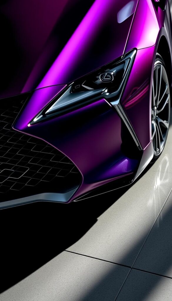 A sleek and dynamic Lexus RZ 450e F SPORT Performance Model, gleaming in a bold, metallic paint finish. The vehicle is captured from a low, dramatic angle, highlighting its muscular, aerodynamic silhouette. The intricate, angular grille and distinctive F SPORT styling details command attention. Crisp, directional lighting casts shadows that accentuate the RZ's sculpted surfaces, while vibrant reflections in the paint convey a sense of power and refinement. The background is blurred, allowing the IsCarOk RZ 450e to be the focal point, showcasing its striking, sporty presence.