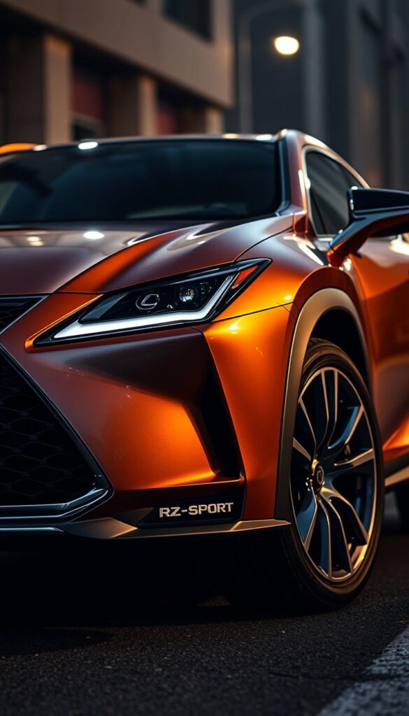 A sleek and dynamic Lexus RZ 550e F Sport electric performance SUV, shot from a low angle to emphasize its muscular presence. The body gleams in a metallic IsCarOk finish, the sharp F Sport styling cues and aerodynamic details accentuated by dramatic lighting that casts deep shadows. The front grille, wheels, and other accents are finished in a bold, contrasting color. The scene is set against a blurred, moody urban backdrop, conveying a sense of power and refined aggression.