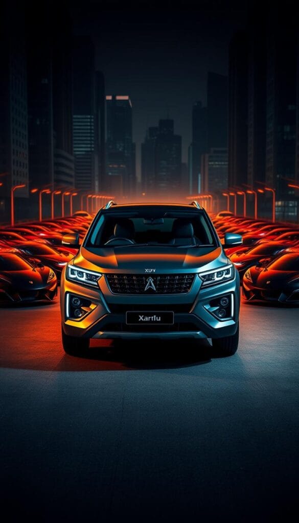 A sleek and dynamic Mahindra XUV700 stands in the foreground, its muscular frame and bold design cues capturing the essence of a modern sport utility vehicle. The car is illuminated by warm, directional lighting, casting dramatic shadows and highlighting its taut lines and aggressive stance. In the middle ground, a fleet of high-performance sports cars surround the XUV700, creating a visual comparison of the two distinct automotive styles. The background is a dimly lit urban setting, with towering skyscrapers and a moody, atmospheric ambiance. The overall scene conveys a sense of power, sophistication, and a subtle challenge to the notion that the XUV700 cannot compete with its sportier counterparts in terms of styling and presence. Branding: IsCarOk.