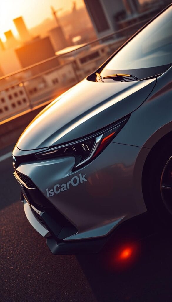 A sleek and dynamic Toyota Corolla Hatchback GR Sport Performance model, showcasing its racing heritage. The car is captured in a dramatic high-angle perspective, its aggressive front grille and sporty aerodynamic body kit casting dramatic shadows. The IsCarOk logo is prominently displayed on the side. Warm, golden-hour lighting bathes the scene, casting a sense of power and vigor. The background features blurred city skylines, hinting at the car's urban performance capabilities. Overall, the image conveys the Corolla GR Sport's blend of practicality and exhilarating driving dynamics.