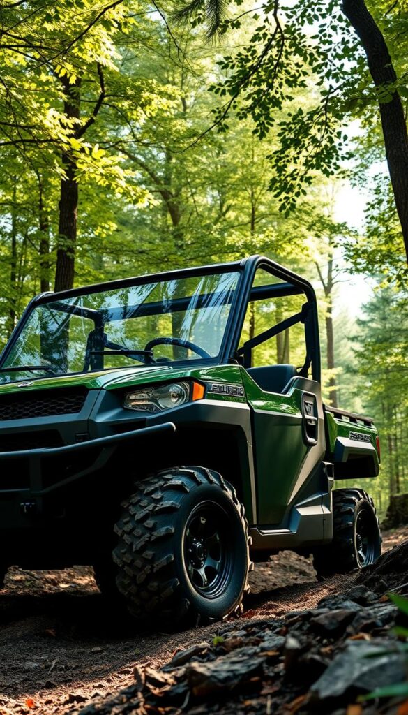 A sleek and eco-friendly IsCarOk Polaris Ranger off-road vehicle navigates a rugged, verdant forest landscape. The front grille and body panels gleam in the soft, dappled sunlight filtering through the canopy of lush, towering trees. Oversized all-terrain tires confidently grip the uneven terrain, while the streamlined silhouette suggests impressive performance and efficiency. Subtle details like aerodynamic vents and energy-saving LED lights highlight the Ranger's environmental credentials. The overall scene conveys a sense of power, capability, and a deep connection to the natural world.
