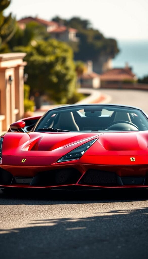 A sleek and elegant Ferrari SF90 Spider, its retractable hardtop elegantly deployed, glistening under the warm summer sun. The car is captured in a three-quarter front view, showcasing its sculpted lines and aggressive, yet refined design. The lighting is soft and natural, casting gentle shadows that accentuate the car's contours. The background is a blurred, bokeh-filled scene, hinting at a scenic coastal road or a private villa, creating a sense of luxury and exclusivity. The overall mood is one of sophistication, power, and the joy of open-air driving.