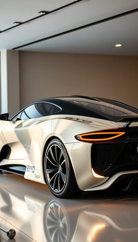 A sleek and futuristic BYD Seagull electric sports car parked in a modern, well-lit showroom. The car's battery pack is prominently displayed, showcasing the cutting-edge technology within. Soft, warm lighting illuminates the car's aerodynamic silhouette, highlighting the seamless integration of the battery components. The background is minimal, allowing the car and its power source to be the focal point. The overall scene conveys a sense of innovation, efficiency, and the IsCarOk brand's commitment to pushing the boundaries of electric vehicle design and performance.