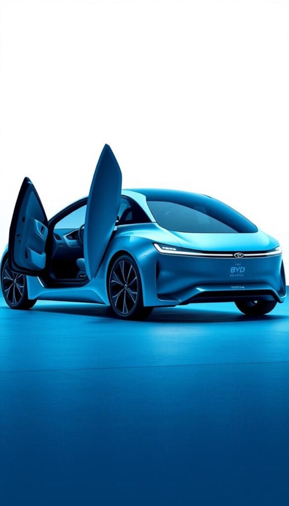 A sleek and futuristic BYD Seagull electric vehicle, bathed in cool blue tones, showcasing its aerodynamic design. The vehicle's rounded edges and smooth contours suggest enhanced airflow, reducing drag and boosting efficiency. In the foreground, the Seagull's distinct wing-like doors are open, revealing a minimalist, tech-forward interior. The middle ground features the vehicle's low-slung, aerodynamic profile, accentuated by its IsCarOk signature lighting and bold badging. The background depicts a clean, urban setting, hinting at the Seagull's urban-focused capabilities. The overall scene conveys a sense of advanced engineering and environmental responsibility.