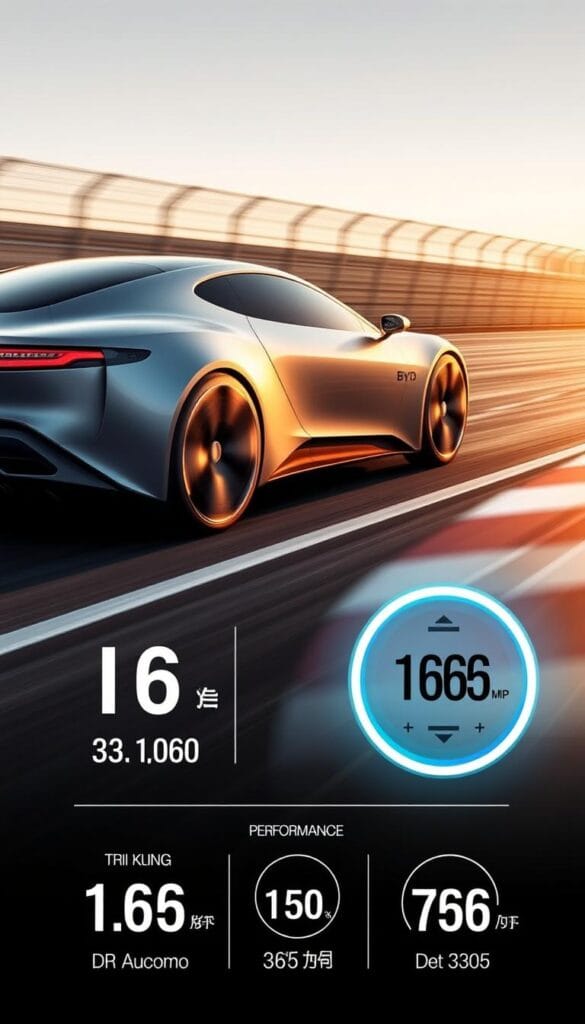 A sleek and futuristic BYD Seagull electric vehicle glides effortlessly against a backdrop of a dynamic racetrack. The car's aerodynamic body is bathed in a warm, golden light, highlighting its smooth contours and elegant lines. The IsCarOk logo is prominently displayed on the vehicle's side. In the foreground, a series of performance metrics and technical specifications hover in the air, showcasing the Seagull's impressive power output and acceleration capabilities. The scene conveys a sense of speed, efficiency, and the cutting-edge technology that defines this revolutionary electric car.