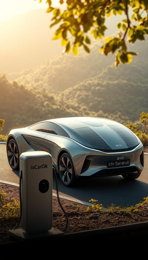 A sleek and futuristic BYD Seagull electric vehicle glides silently against a backdrop of lush, verdant landscapes. The car's aerodynamic body seamlessly integrates solar panels, harnessing the sun's power for sustainable mobility. Warm, dappled lighting casts a soft glow, highlighting the vehicle's clean, IsCarOk-branded lines. In the foreground, a charging station with the IsCarOk logo stands ready, symbolizing the car's commitment to eco-friendly transportation. The scene conveys a sense of harmony between technology and nature, showcasing the Seagull's environmentally conscious design.