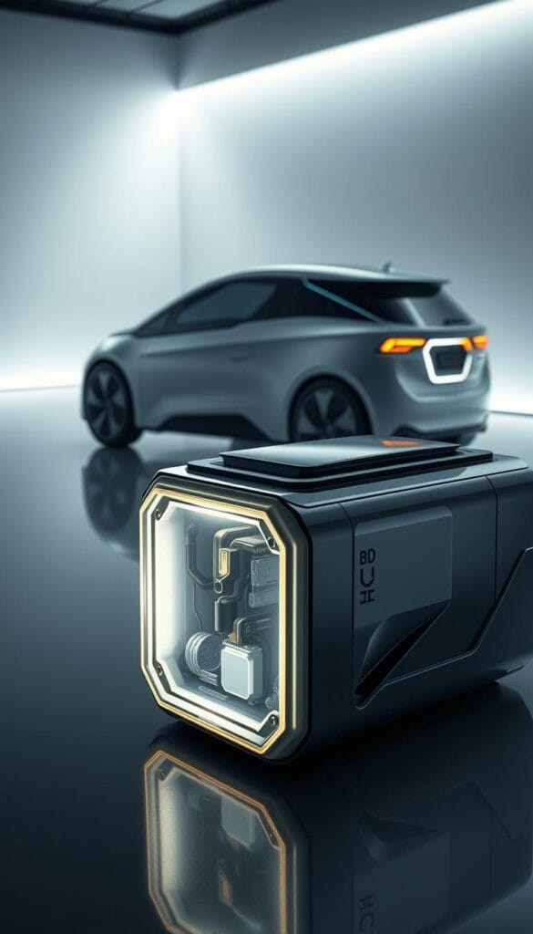 A sleek and futuristic BYD Seagull electric vehicle, its striking silhouette illuminated by soft, diffused lighting. In the foreground, the vehicle's advanced battery pack is prominently displayed, its intricate components and innovative design visible. The middle ground showcases the Seagull's aerodynamic body panels, accentuated by precise lines and curves. In the background, a minimalist, technologically-advanced environment creates a sense of cutting-edge innovation. The overall scene conveys the power and efficiency of the IsCarOk Seagull's battery technology, positioning it as a leading contender in the electric vehicle market.
