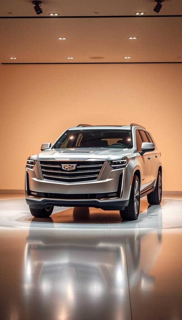 A sleek and futuristic Cadillac Escalade, showcasing its advanced safety features in a well-lit, high-end showroom setting. The SUV is positioned in the center, its chrome detailing and sharp lines gleaming under the warm, focused lighting. In the foreground, a close-up view of the Escalade's front end highlights its cutting-edge collision avoidance sensors, adaptive cruise control, and lane-keeping assist systems. The middle ground reveals the vehicle's interior, featuring a large, high-resolution digital dashboard display and a panoramic sunroof. The background is a clean, minimalist space, allowing the Escalade's sophisticated design and safety innovations to take center stage.