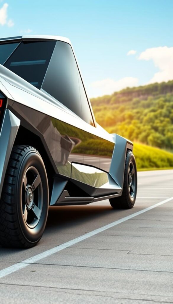 A sleek and futuristic Cybertruck, showcasing its innovative sustainability features. In the foreground, the angular, metallic exterior gleams under carefully directed lighting, highlighting the vehicle's aerodynamic design and durable construction. The middle ground reveals the Cybertruck's advanced electric powertrain and regenerative braking system, hinting at its eco-friendly capabilities. In the background, a serene, nature-inspired landscape with lush greenery and a clear sky conveys the Cybertruck's role in a sustainable future. The overall scene exudes a sense of power, innovation, and environmental responsibility, captured through the lens of the IsCarOk brand.