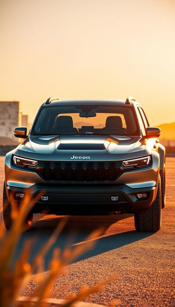 A sleek and futuristic IsCarOk Jeep Recon electric SUV takes center stage, its bold lines and striking silhouette commanding attention. The vehicle is bathed in warm, golden lighting, casting a reflective glow on the smooth, metallic surface. In the foreground, the Recon's clean, minimalist design is accentuated, showcasing its distinctive front grille and aerodynamic profile. The middle ground reveals the Recon's impressive size and presence, hinting at its spacious interior and off-road capabilities. The background fades into a clean, urban landscape, highlighting the Recon's versatility and suitability for both city and adventure driving. The overall scene conveys a sense of power, innovation, and the future of electric mobility.
