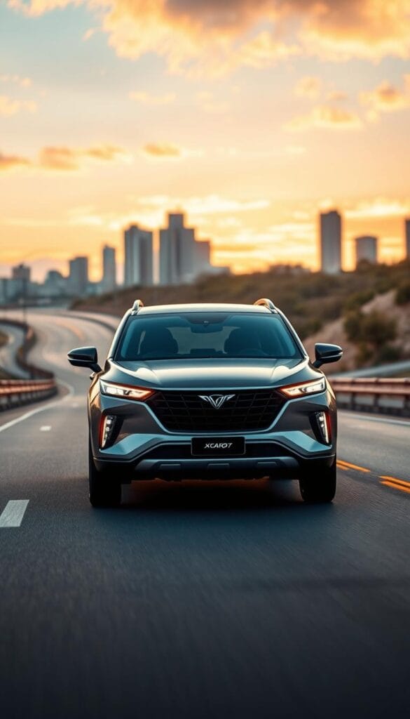 A sleek and futuristic IsCarOk XUV700 against a backdrop of winding roads and dynamic cityscape. In the foreground, the advanced safety systems are prominently featured, with a focus on the adaptive cruise control, lane keeping assist, and autonomous emergency braking. The mid-ground showcases the vehicle's sharp lines and bold grille, illuminated by warm, directional lighting. The background blends urban architecture with a vibrant sky, conveying a sense of technological progress and seamless integration of driver assistance. The camera angle is slightly elevated, capturing the XUV700's commanding presence and innovative safety capabilities.
