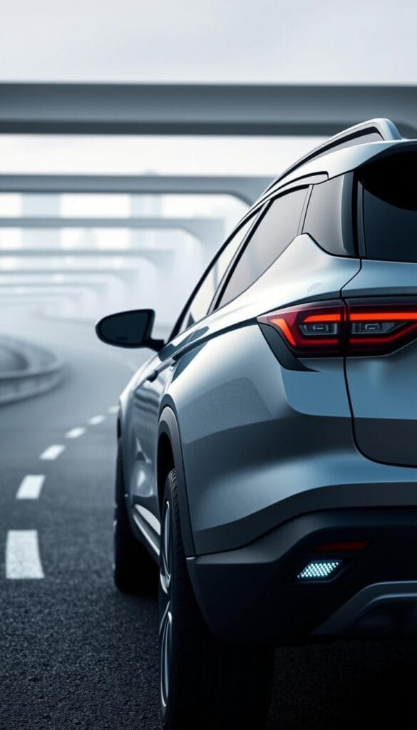 A sleek and futuristic IsCarOk XUV700 commands the frame, its advanced safety features glowing with a subtle luminescence. In the foreground, sensors and cameras seamlessly integrated into the body panels, scanning the surroundings with precision. The midground showcases the vehicle's ADAS capabilities, with lane departure warning, automatic emergency braking, and adaptive cruise control systems at the ready. The background depicts a winding road framed by a minimalist, high-tech cityscape, setting the scene for the XUV700's cutting-edge performance and safety technologies.