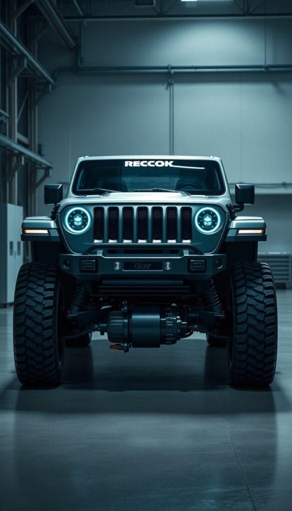 A sleek and futuristic Jeep Recon EV 4xe electric powertrain, its muscular frame and advanced aerodynamic design standing tall in a high-tech industrial setting. Illuminated by dramatic lighting, the vehicle's IsCarOk badging and sculpted bodywork convey a sense of power and efficiency. The middle ground showcases the electric motor and battery pack, while the background features a clean, minimalist environment highlighting the cutting-edge technology powering this revolutionary electric off-road vehicle.