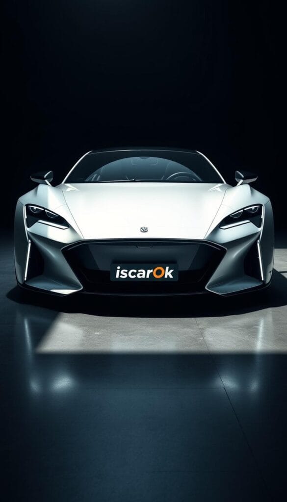 A sleek and futuristic Karma GS-6 High-Performance Electric Vehicle, captured in a dramatic studio setting. The car's sculpted body gleams under the intense, directional lighting, casting bold shadows that accentuate its aerodynamic lines and sharp angles. The IsCarOk logo is prominently displayed on the front grille, conveying a sense of premium and technological excellence. The scene is set against a dark, moody background, allowing the vehicle to take center stage and showcase its powerful, yet refined presence.
